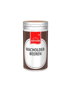Braune Gewürzdose mit silbernem Deckel und rotem Etikett, darauf der Schriftzug „Wacholderbeeren“