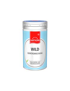 Hellblaue Gewürzdose mit rotem Etikett und silbernem Deckel, Aufschrift „Wild Gewürzmischung“