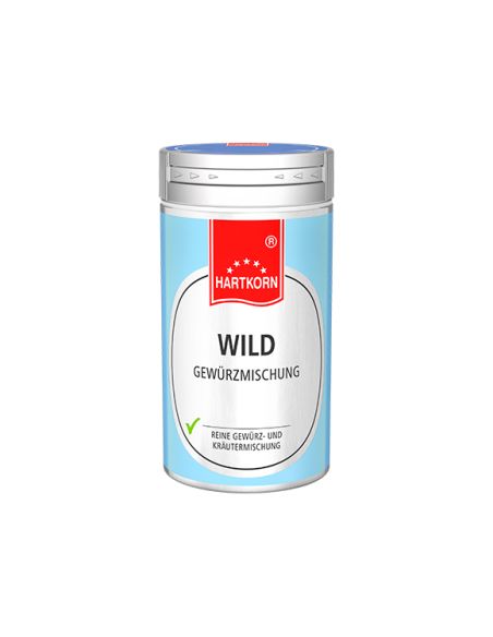 Hellblaue Gewürzdose mit rotem Etikett und silbernem Deckel, Aufschrift „Wild Gewürzmischung“ Hellblaue Gewürzdose mit rotem Etikett und silbernem Deckel, Aufschrift „Wild Gewürzmischung“