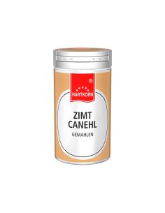 Silber-orangefarbene Gewürzdose mit rotem Etikett und der Aufschrift „Zimt Canehl gemahlen“