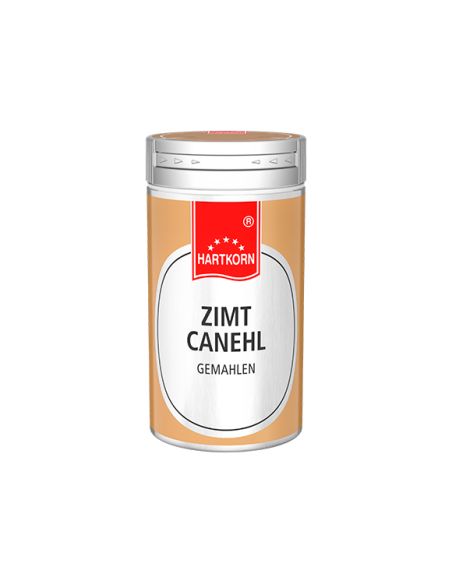 Silber-orangefarbene Gewürzdose mit rotem Etikett und der Aufschrift „Zimt Canehl gemahlen“ Silber-orangefarbene Gewürzdose mit rotem Etikett und der Aufschrift „Zimt Canehl gemahlen“