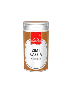 Silber-orangefarbene Gewürzdose mit rotem Etikett und der Aufschrift „Zimt Cassia gemahlen