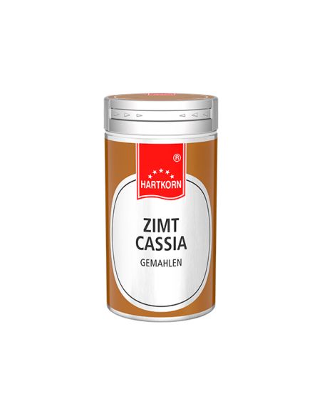 Silber-orangefarbene Gewürzdose mit rotem Etikett und der Aufschrift „Zimt Cassia gemahlen Silber-orangefarbene Gewürzdose mit rotem Etikett und der Aufschrift „Zimt Cassia gemahlen