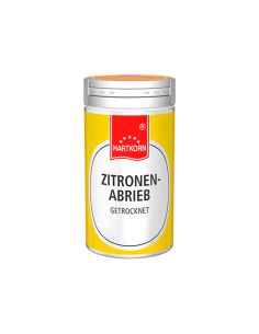 Gelbe Gewürzdose mit silbernem Deckel, vorn die Aufschrift „Zitronenabrieb, getrocknet“