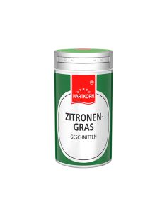 Grüne Gewürzdose mit silbernem Deckel, darauf die Aufschrift „Zitronengras geschnitten“