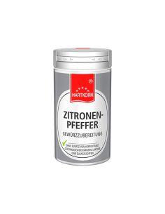 Gewürzdose „Zitronenpfeffer“ mit rotem Etikett und silbernem Deckel.
