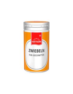 „Orangefarbene Dose mit silbernem Deckel und weißem Etikett, beschriftet mit 'Zwiebeln fein geschnitten'