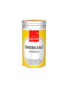 Gelbe Gewürzdose mit silbernem Deckel, Aufschrift: „Zwiebelsalz Gewürzsalz“