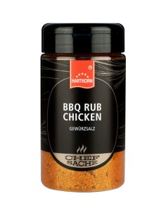 Schwarze Gewürzdose mit orangefarbenem Etikett und der Aufschrift „BBQ Rub Chicken“.