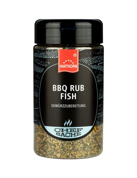 Schwarze Gewürzdose mit orange-beigem Etikett und der Aufschrift „BBQ Rub Fisch“. Schwarze Gewürzdose mit orange-beigem Etikett und der Aufschrift „BBQ Rub Fisch“.