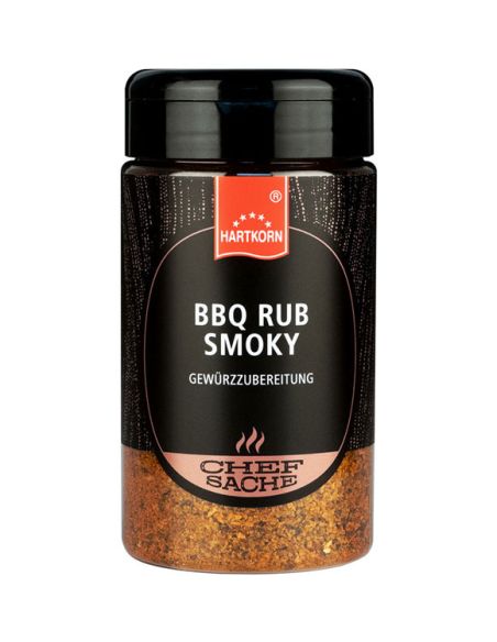 Schwarze Gewürzdose mit braunem Etikett, beschriftet mit „BBQ Rub Smoky“. Schwarze Gewürzdose mit braunem Etikett, beschriftet mit „BBQ Rub Smoky“.