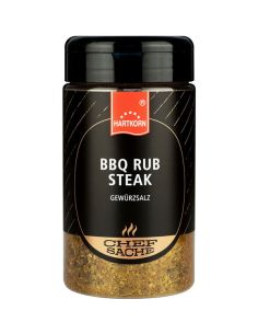 Schwarze Gewürzdose mit rotem Etikett und der Aufschrift „BBQ Rub Steak“.