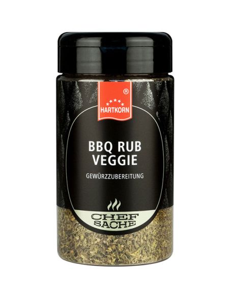 Schwarze Gewürzdose mit grünlichem Etikett und der Aufschrift „BBQ Rub Veggie“. Schwarze Gewürzdose mit grünlichem Etikett und der Aufschrift „BBQ Rub Veggie“.
