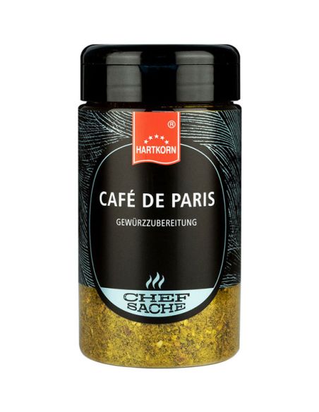 Schwarze Gewürzdose mit hellblauem Etikett und der Aufschrift „Café de Paris“. Schwarze Gewürzdose mit hellblauem Etikett und der Aufschrift „Café de Paris“.