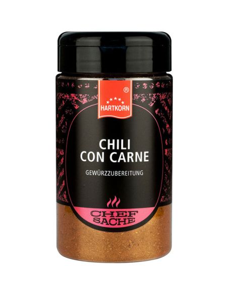 Schwarze Gewürzdose mit pinkfarbenem Etikett und der Aufschrift „Chili con Carne“.
