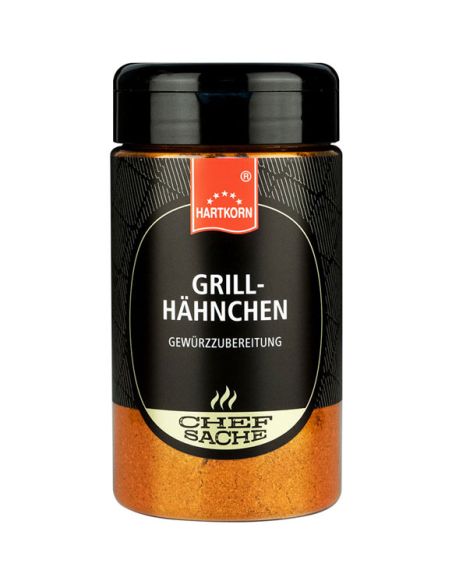 Schwarze Gewürzdose mit orangefarbenem Etikett und der Aufschrift „Grillhähnchen“.