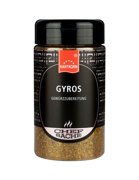Schwarze Gewürzdose mit rotbraunem Etikett und der Aufschrift „Gyros“. Schwarze Gewürzdose mit rotbraunem Etikett und der Aufschrift „Gyros“.