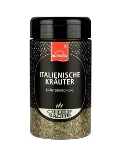 Schwarze Gewürzdose mit grünem Etikett und der Aufschrift „Italienische Kräuter“.