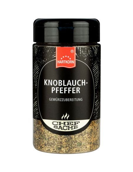 Schwarze Gewürzdose mit beigefarbenem Etikett, beschriftet mit „Knoblauchpfeffer“.