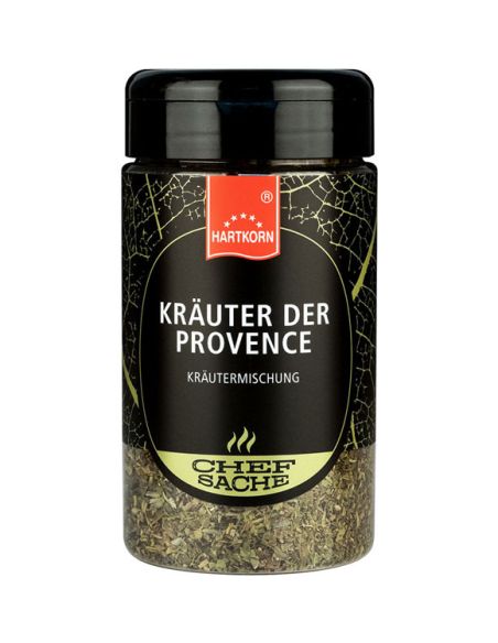 Eine schwarze Gewürzdose mit grün-schwarzem Etikett und der Aufschrift „Kräuter der Provence“.