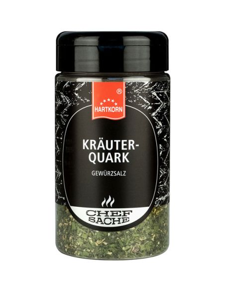 Schwarze Gewürzdose mit grünem Etikett und der Aufschrift „Kräuterquark“.