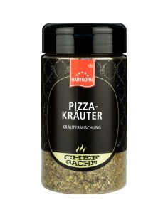 Eine schwarze Gewürzdose mit grün-schwarzem Etikett und der Aufschrift „Pizza-Kräuter – Kräutermischung“.