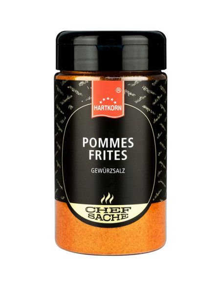 Schwarze Gewürzdose mit orangefarbenem Etikett und der Aufschrift „Pommes Frites“.