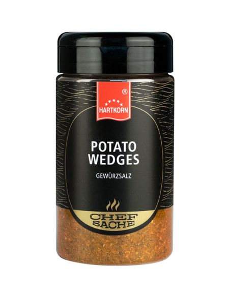Schwarze Gewürzdose mit rotbraunem Etikett und der Aufschrift „Potato Wedges“. Schwarze Gewürzdose mit rotbraunem Etikett und der Aufschrift „Potato Wedges“.