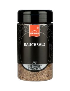 Schwarze Gewürzdose mit dunklem Etikett und der Aufschrift „Rauchsalz“.