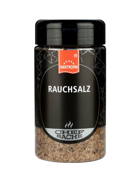 Schwarze Gewürzdose mit dunklem Etikett und der Aufschrift „Rauchsalz“. Schwarze Gewürzdose mit dunklem Etikett und der Aufschrift „Rauchsalz“.