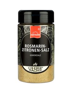 Schwarze Gewürzdose mit gelbgrünem Etikett und der Aufschrift „Rosmarin Zitronen-Salz“.