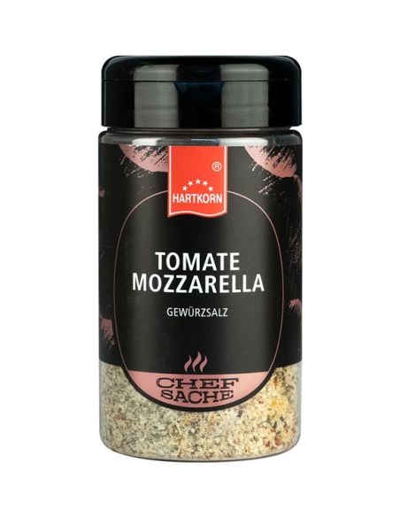 Schwarze Gewürzdose mit beigem Etikett und der Aufschrift „Tomate Mozzarella“.