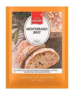 Orangefarbener Flachbeutel mit der Aufschrift „MEDITERRANES BROT“, bebildert mit rustikalem Brotleib.
