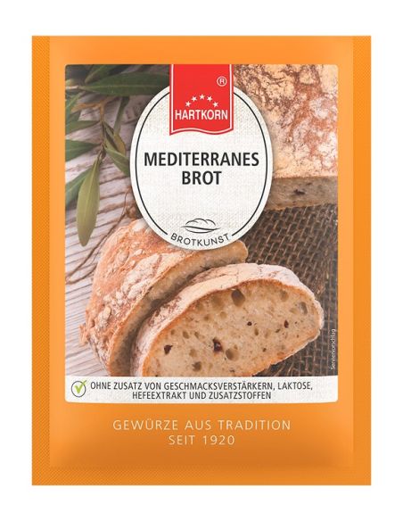 Orangefarbener Flachbeutel mit der Aufschrift „MEDITERRANES BROT“, bebildert mit rustikalem Brotleib. Orangefarbener Flachbeutel mit der Aufschrift „MEDITERRANES BROT“, bebildert mit rustikalem Brotleib.