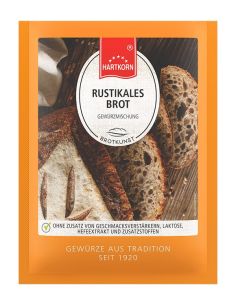 Flachbeutel mit der Aufschrift „Rustikales Brot“ und Abbildung von dunklem Brotleib.