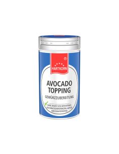 Blaue Hartkorn-Gewürzdose mit der Aufschrift „Avocado Topping