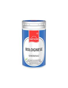 Blaue Gewürzdose von Hartkorn mit der Aufschrift „Bolognese Gewürzsalz“.