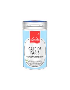 Gewürzdose mit der Aufschrift „Café de Paris“, hellblaues Design mit silbernem Deckel