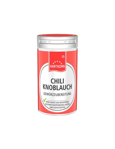 Rote Gewürzdose von Hartkorn mit der Aufschrift „Chili Knoblauch“.