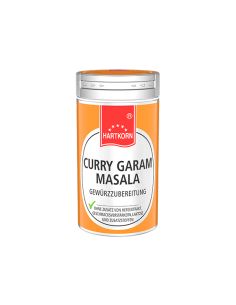 Gewürzdose mit orangefarbenem Etikett und silbernem Deckel, Aufschrift „Curry Garam Masala – Gewürzzubereitung