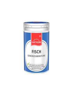 Hartkorn Gewürzdose mit der Aufschrift „Fisch Gewürzzubereitung“ auf blauem Etikett.