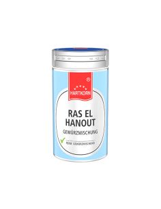 Gelblich-blaue Gewürzdose mit silbernem Deckel und rotem Etikett, beschriftet mit „Ras el Hanout Gewürzmischung