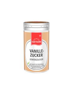 Gelblich-braune Gewürzdose mit weißem Etikett und rotem Hartkorn-Logo, darauf steht „Vanille-Zucker Gewürzzucker“