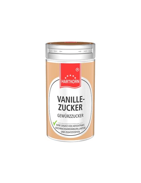 Gelblich-braune Gewürzdose mit weißem Etikett und rotem Hartkorn-Logo, darauf steht „Vanille-Zucker Gewürzzucker“ Gelblich-braune Gewürzdose mit weißem Etikett und rotem Hartkorn-Logo, darauf steht „Vanille-Zucker Gewürzzucker“