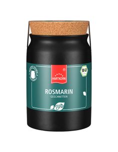 Schwarzes Keramiktöpfchen mit dunkelgrünem Etikett, Korkdeckel und der Aufschrift „Rosmarin geschnitten“.