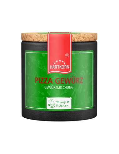 Pappdose mit Korkdeckel und rotem Etikett mit dem Text „Pizza Gewürz“.