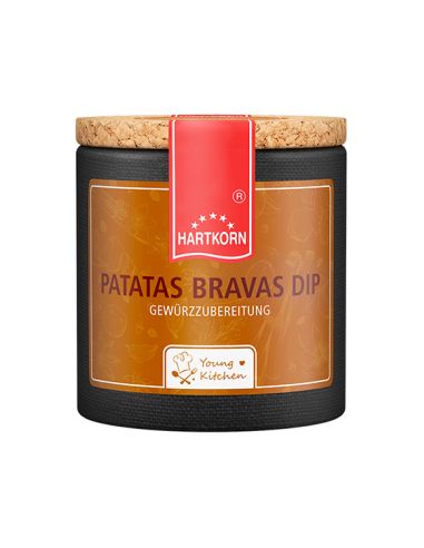 Pappdose mit Korkdeckel und orangenem Etikett, beschriftet mit „Patatas Bravas Dip“.