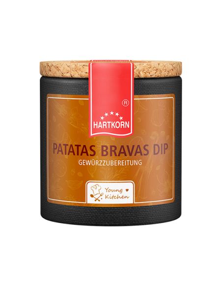 Pappdose mit Korkdeckel und orangenem Etikett, beschriftet mit „Patatas Bravas Dip“.