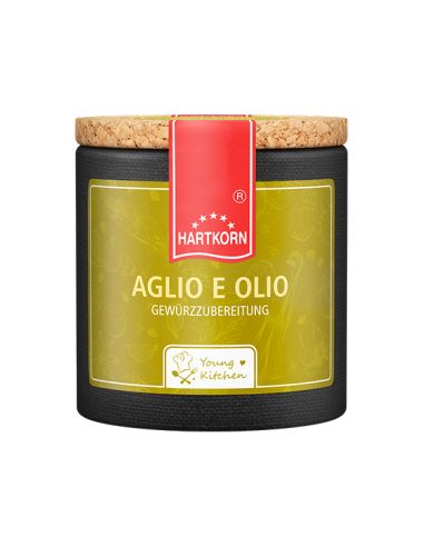 Gelbgrüne Pappdose mit Korkdeckel und rotem Etikett mit der Aufschrift „Aglio e Olio“.