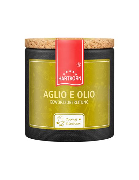 Gelbgrüne Pappdose mit Korkdeckel und rotem Etikett mit der Aufschrift „Aglio e Olio“.